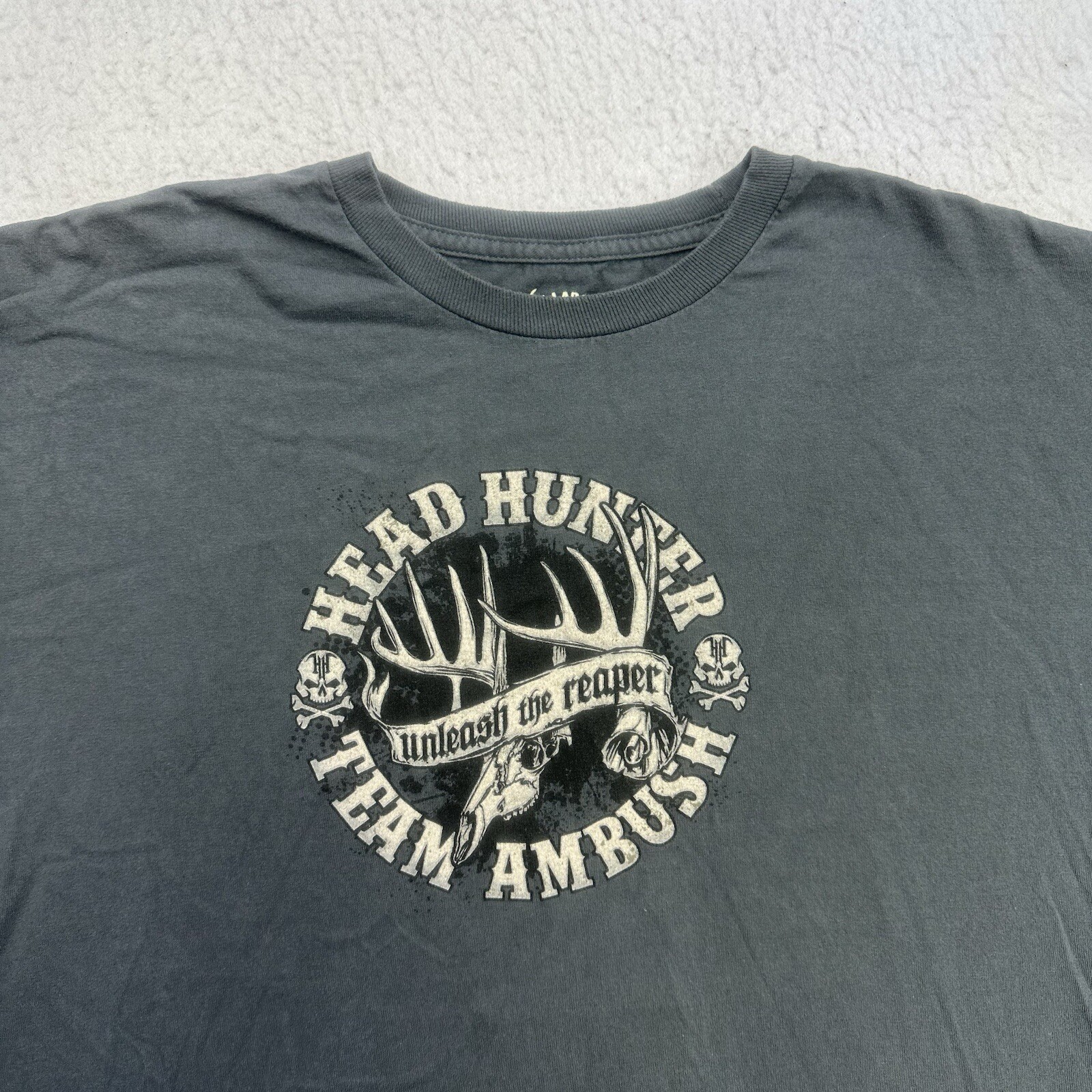 Bone Head Shirt Mens XL Gray Head Hunter Unleash the Reaper Team Ambush Hunting gallery