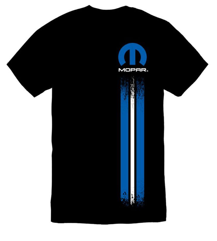 Black T-Shirt – Mopar “M” w/ Blue & White Left Stripe Logo / Emblem (Licensed)