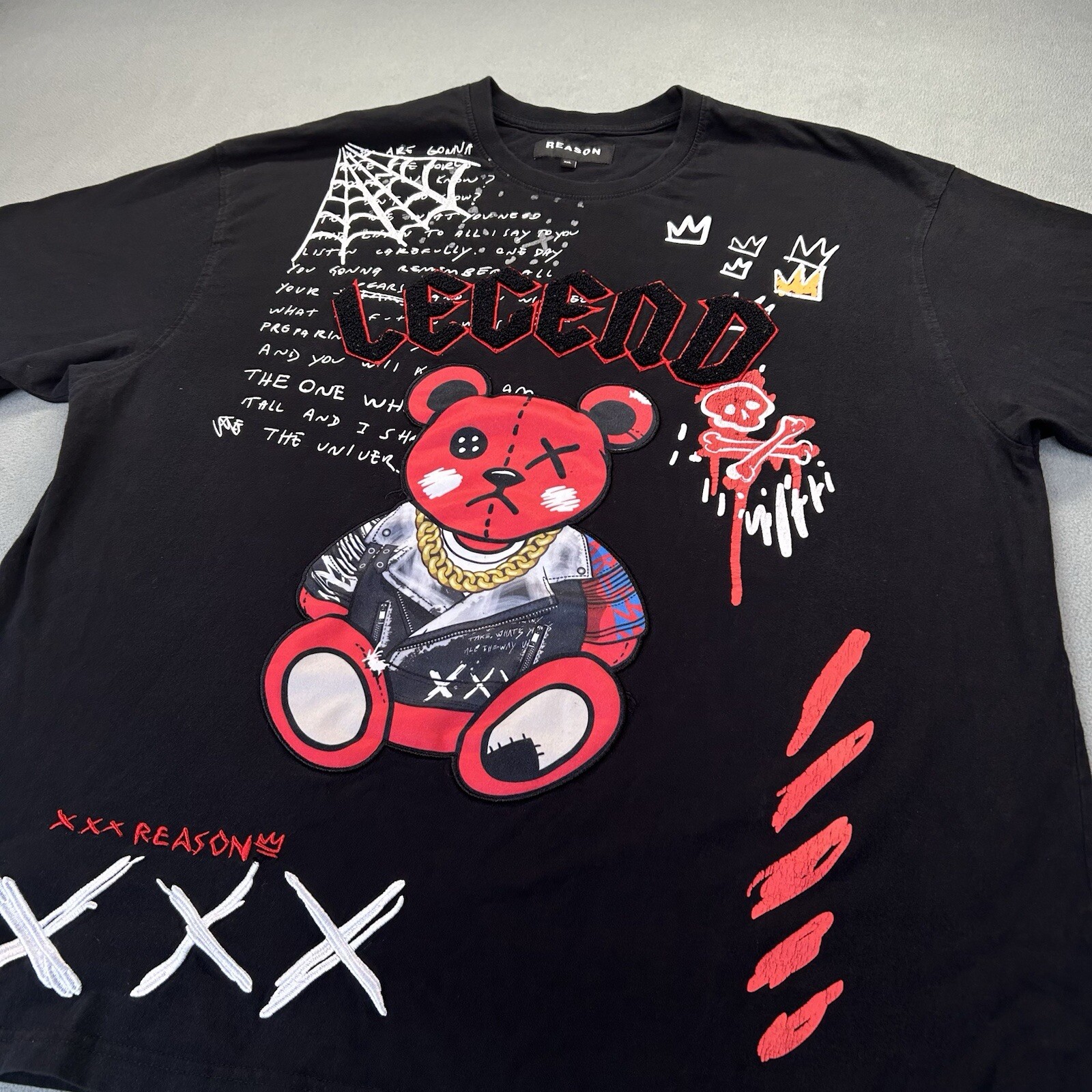 Reason Men’s T-Shirt XXL Black Embroidered Legend Raised Teddy Bear Drip Skull gallery