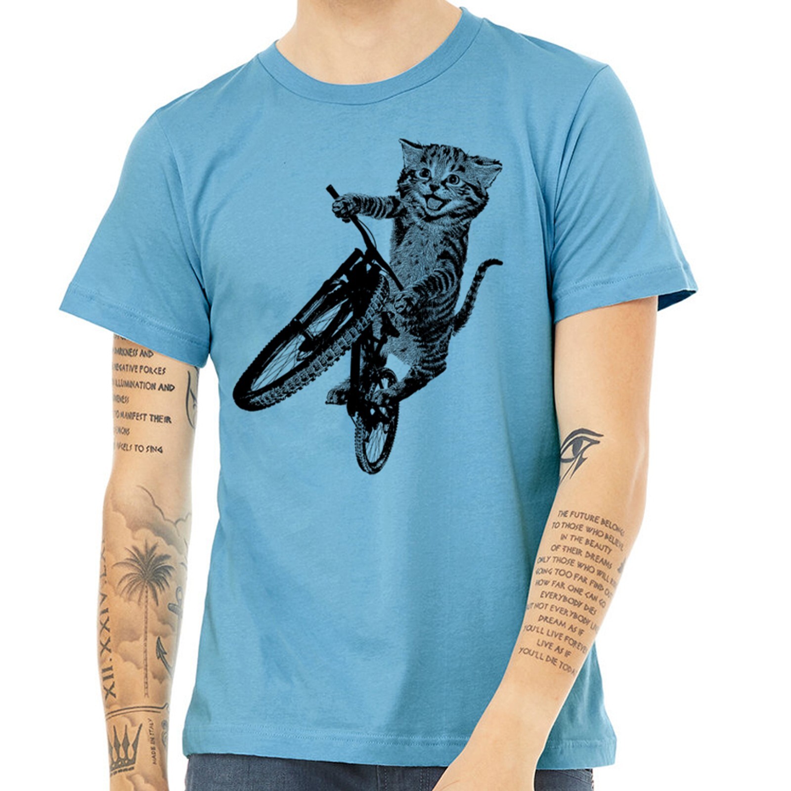 Cat Riding a Bicycle men's Tshirt- Kitten Wheelie Tee shirt- Eco Friendly gallery