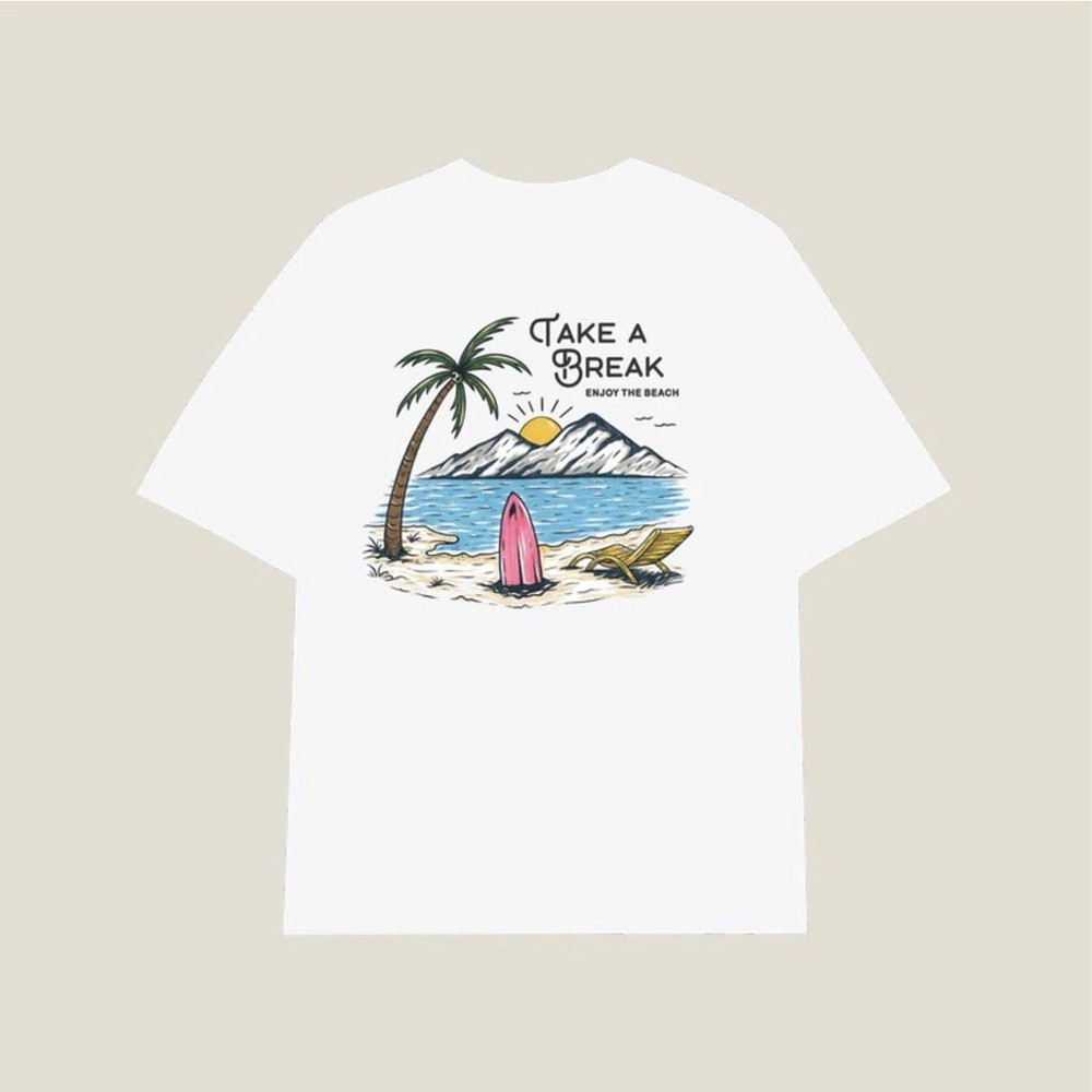 Take A Break Surfboard T-Shirt White Beach Vacation Tee Surf Ocean Summer
