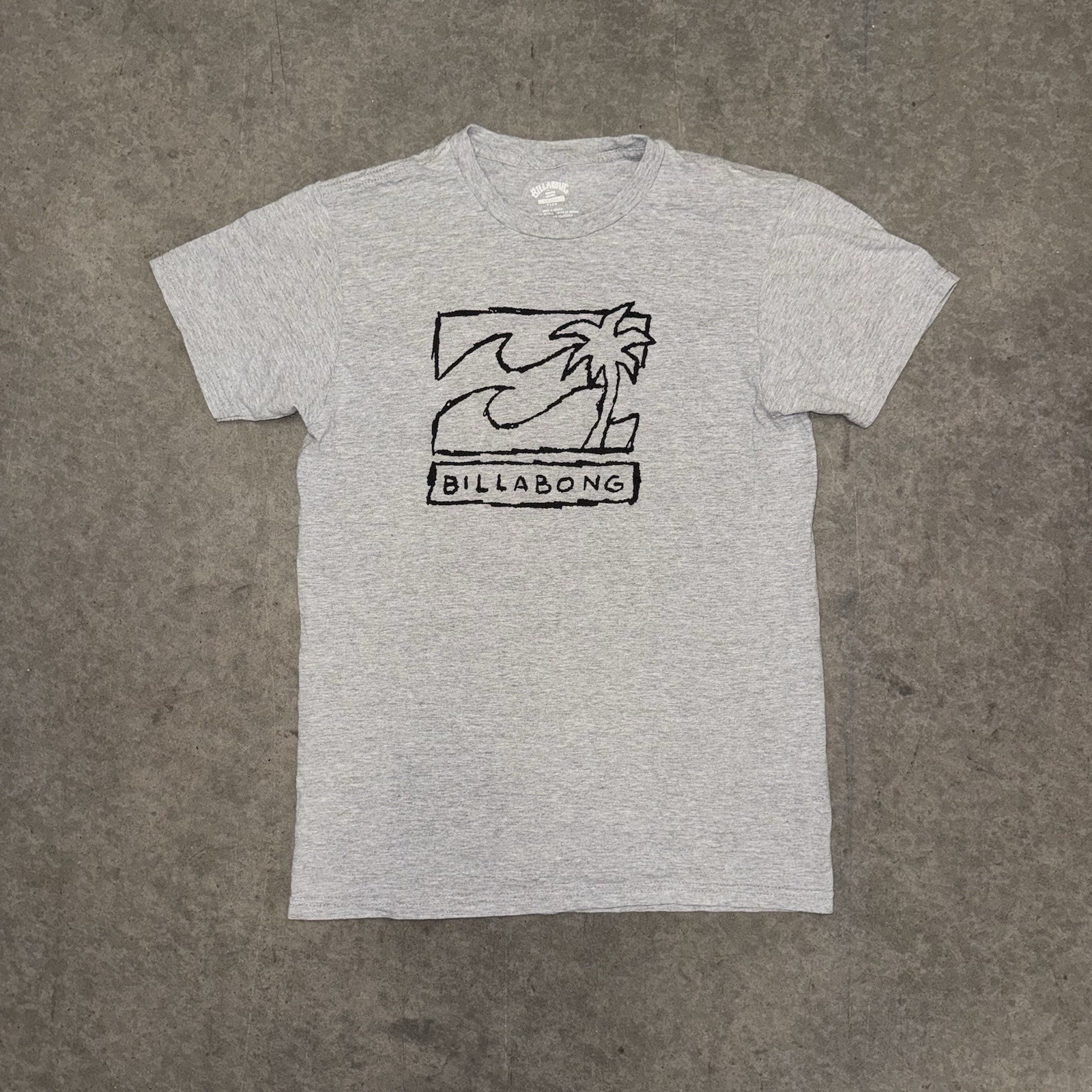 Billabong Shirt Mens Small Gray Wave Palm Tree Box Logo Surf Skate Graphic Tee