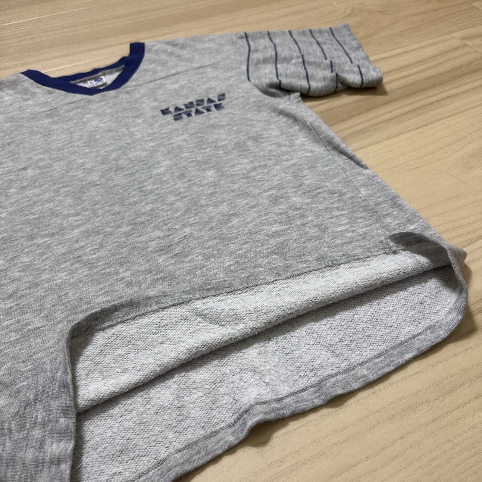Vintage 80s Kansas State Grey & Navy Striped Single Stitch Ringer Shirt Small gallery