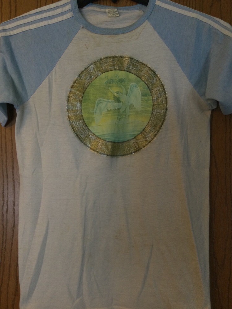 Led Zeppelin – Swan Song Logo – White W/Blue Sleeves & Trim/M/Single Stitch