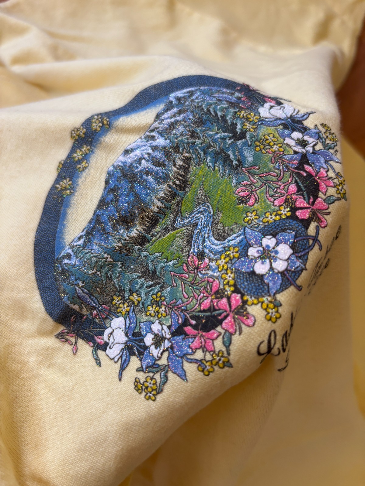 Vintage Lake Tahoe T Shirt. Yellow, Glitter Mountain, Stream, and flower print gallery