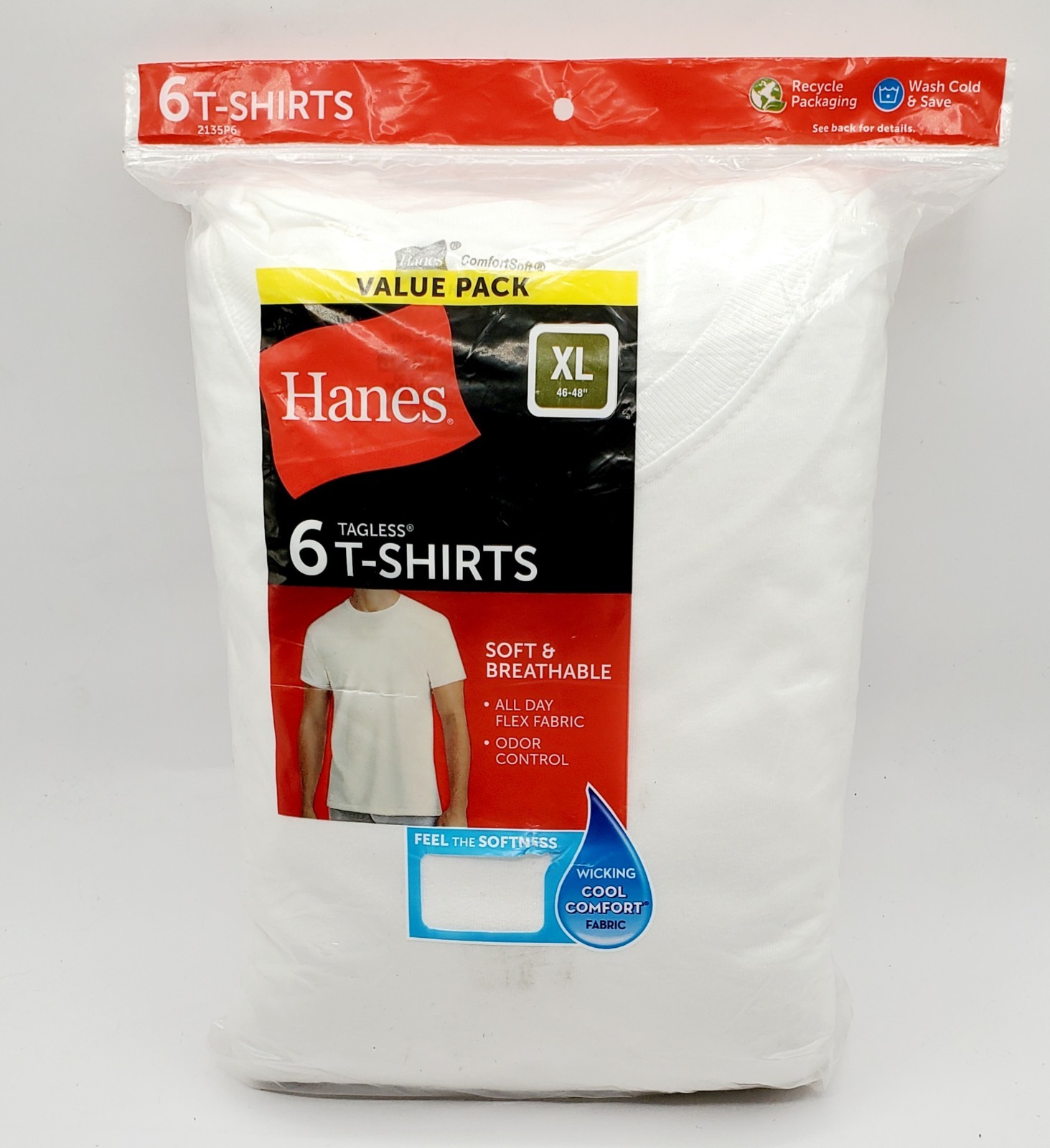Hanes Men’s White 100% Cotton Tagless Crew Neck T-Shirt 6 Pack XL 46-48″ Jersey