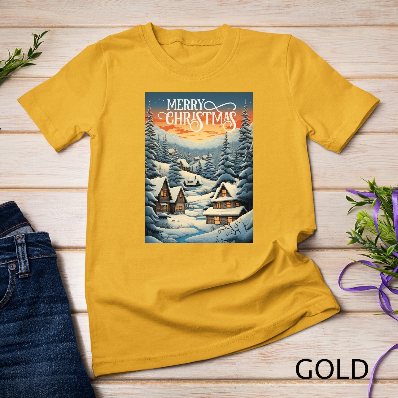 Christmas Church in the Mountains A Peaceful Scene #2 Funny Unisex T-shirt gallery