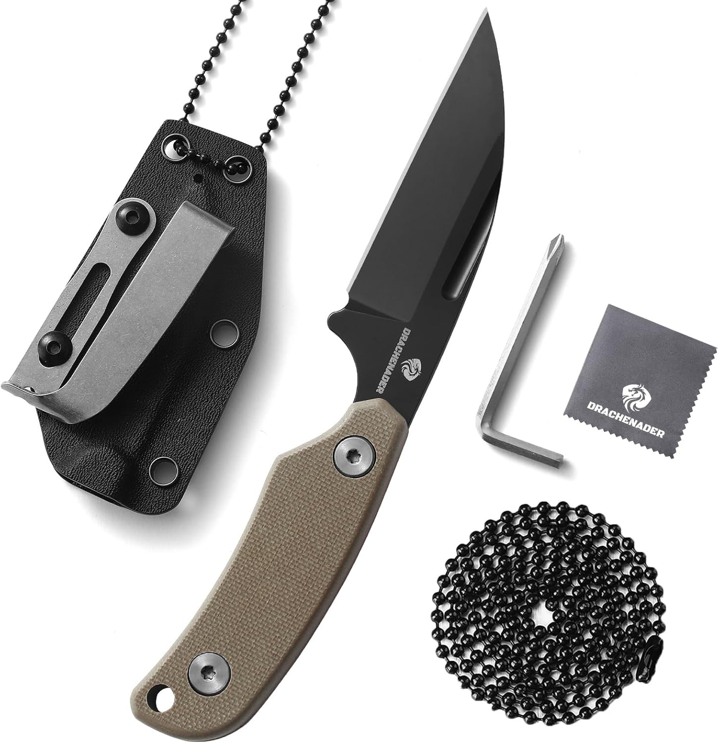 Small Neck Knife with Sheath, Full Tang Fixed Blade Knife with D2 Steel Blade, G