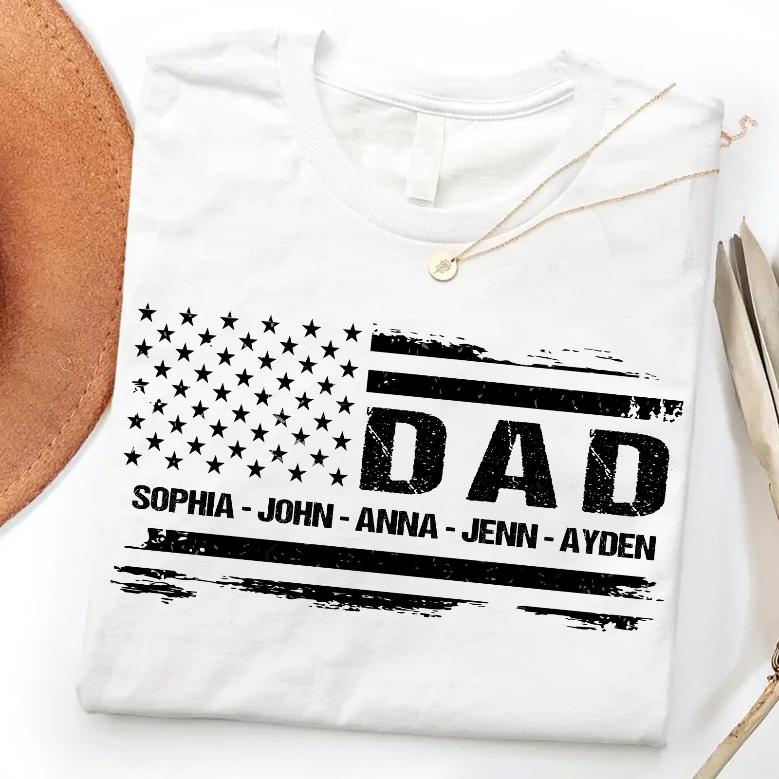 Personalized Dad Shirt 4th of July Gift Custom Kids Name Patriotic USA Flag Tee gallery