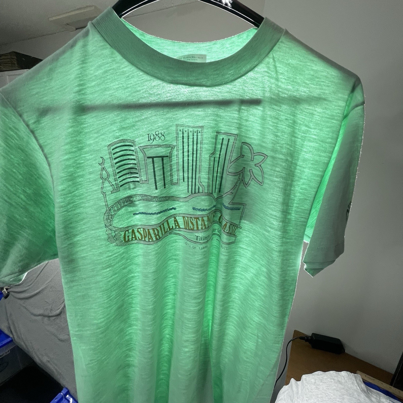 Vintage Paper Thin T Shirt Men Large 80s Green USA Gasparilla Tampa Bay Florida