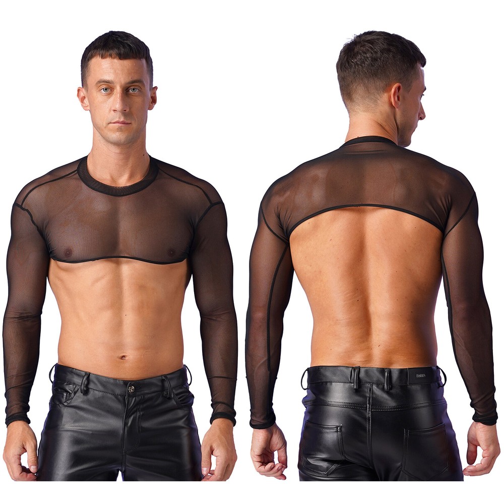 Men Sheer Hollow Out Crop Tops Long Sleeve See Through Undershirt Fishnet Shirts