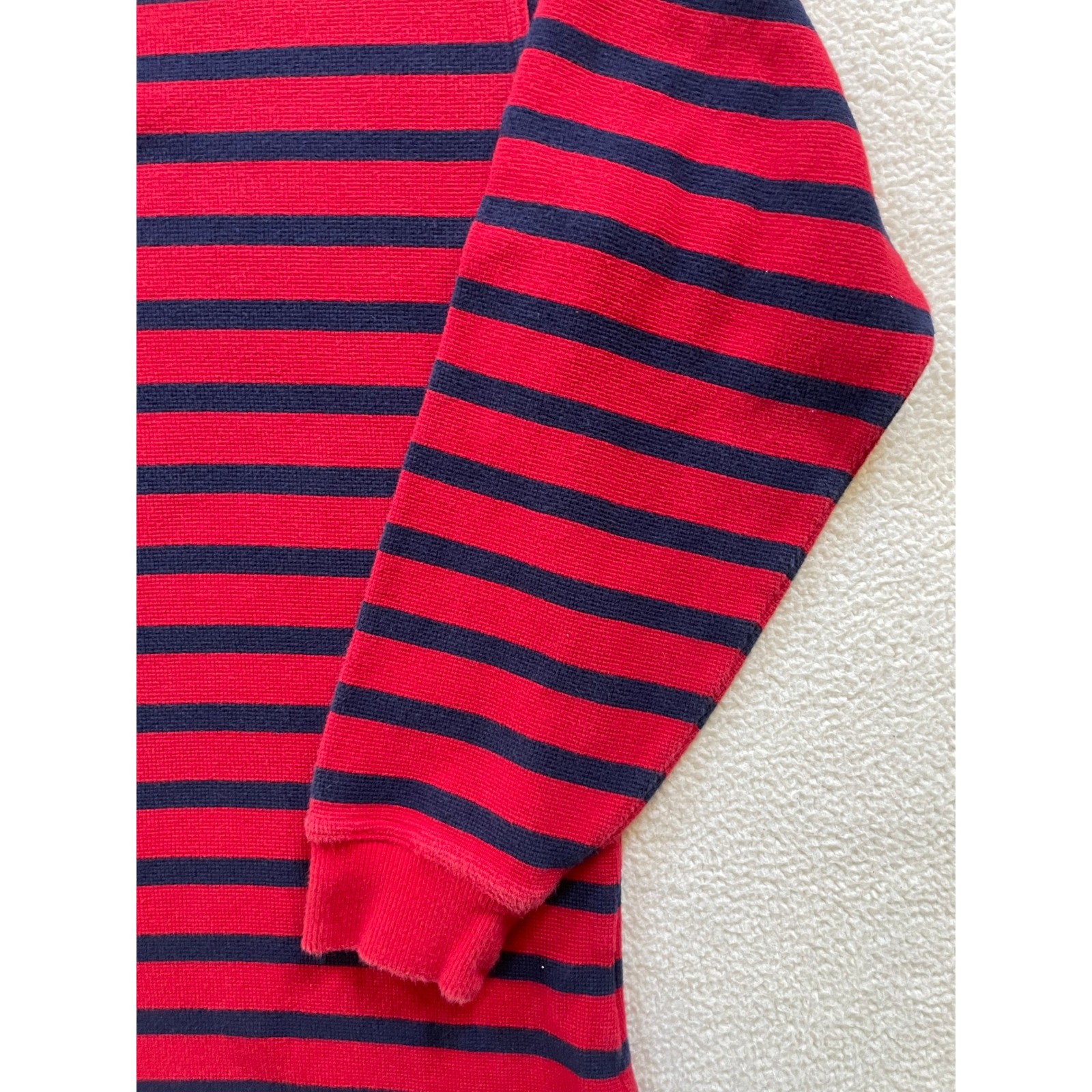 90s Vintage L.L. Bean Mens Medium Henley Shirt Red Navy Blue Striped Waffle Knit gallery