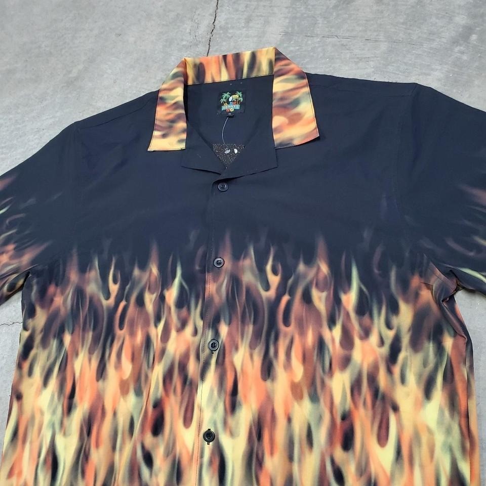 Bennys Aloha Shirts Black with Red Orange and Yellow Flames AOP Y2K gallery