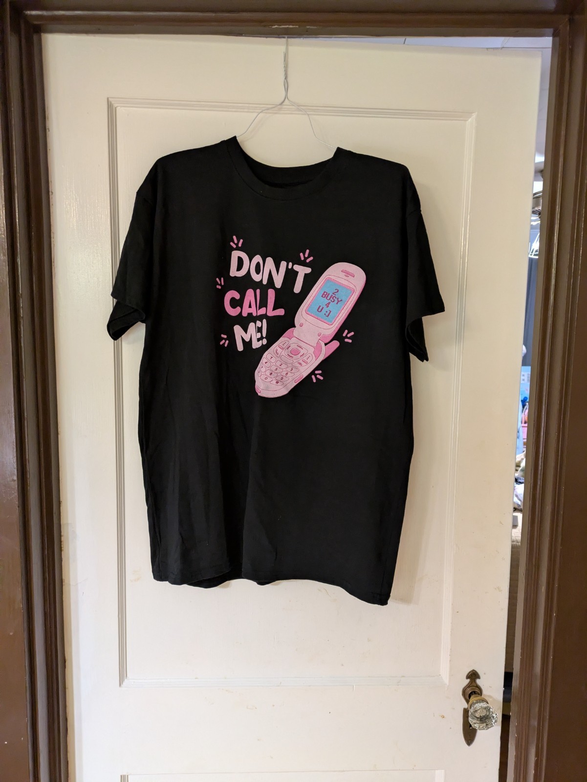 Black Tee Shirt Size Large Pink Machine Wash Cold Dont Call Me 2 Busy 4 U Cell