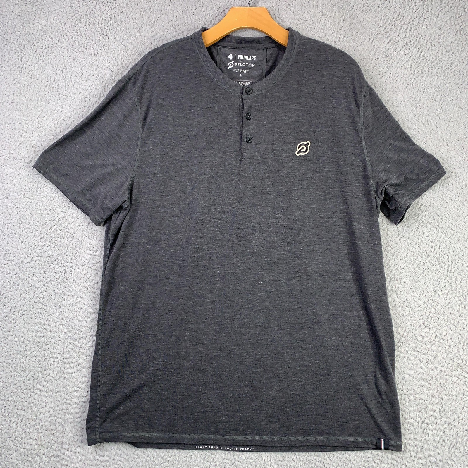 Fourlaps Peloton Shirt Mens Large Gray Henley Recycled Polyester Athletic Tee