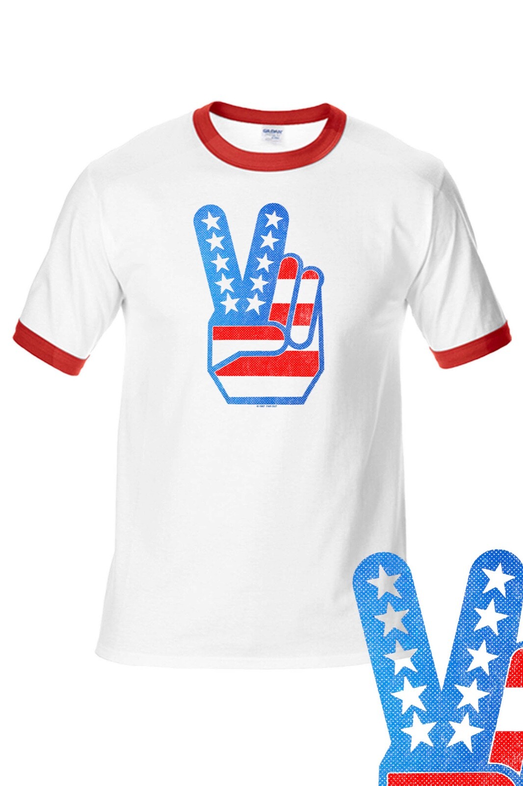 Peace Fingers Flag Retro Vintage 4th July RINGER Tee FREE SHIP USA Patriot gallery