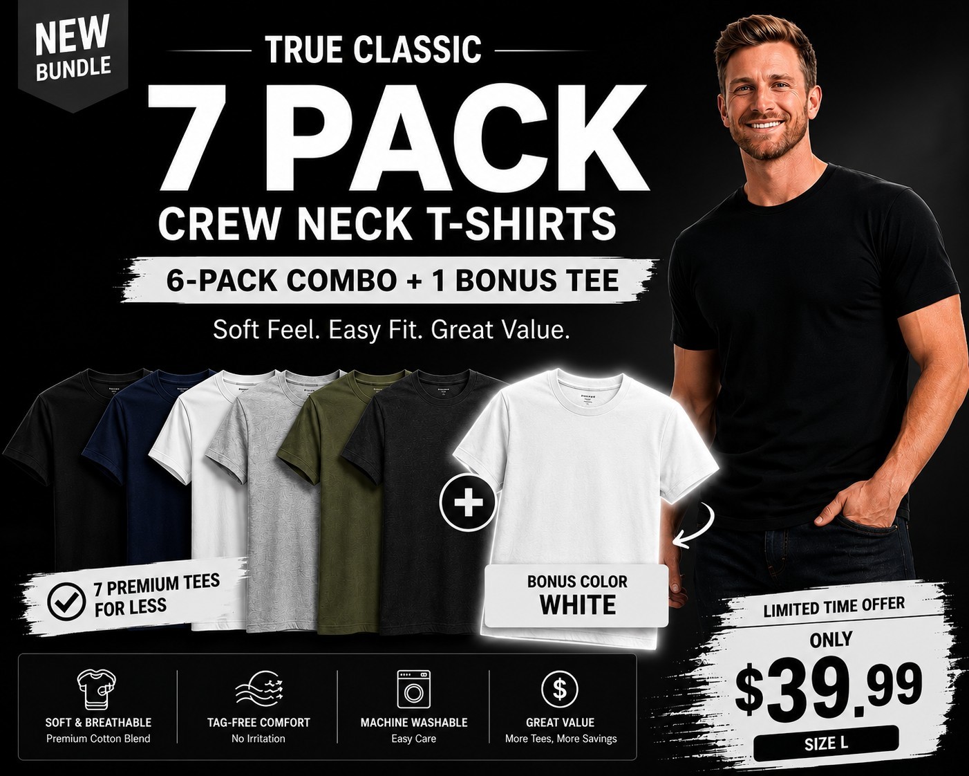 🔥 True Classic 7-Pack Crew Neck T-Shirts | Size L | + Bonus White Tee gallery
