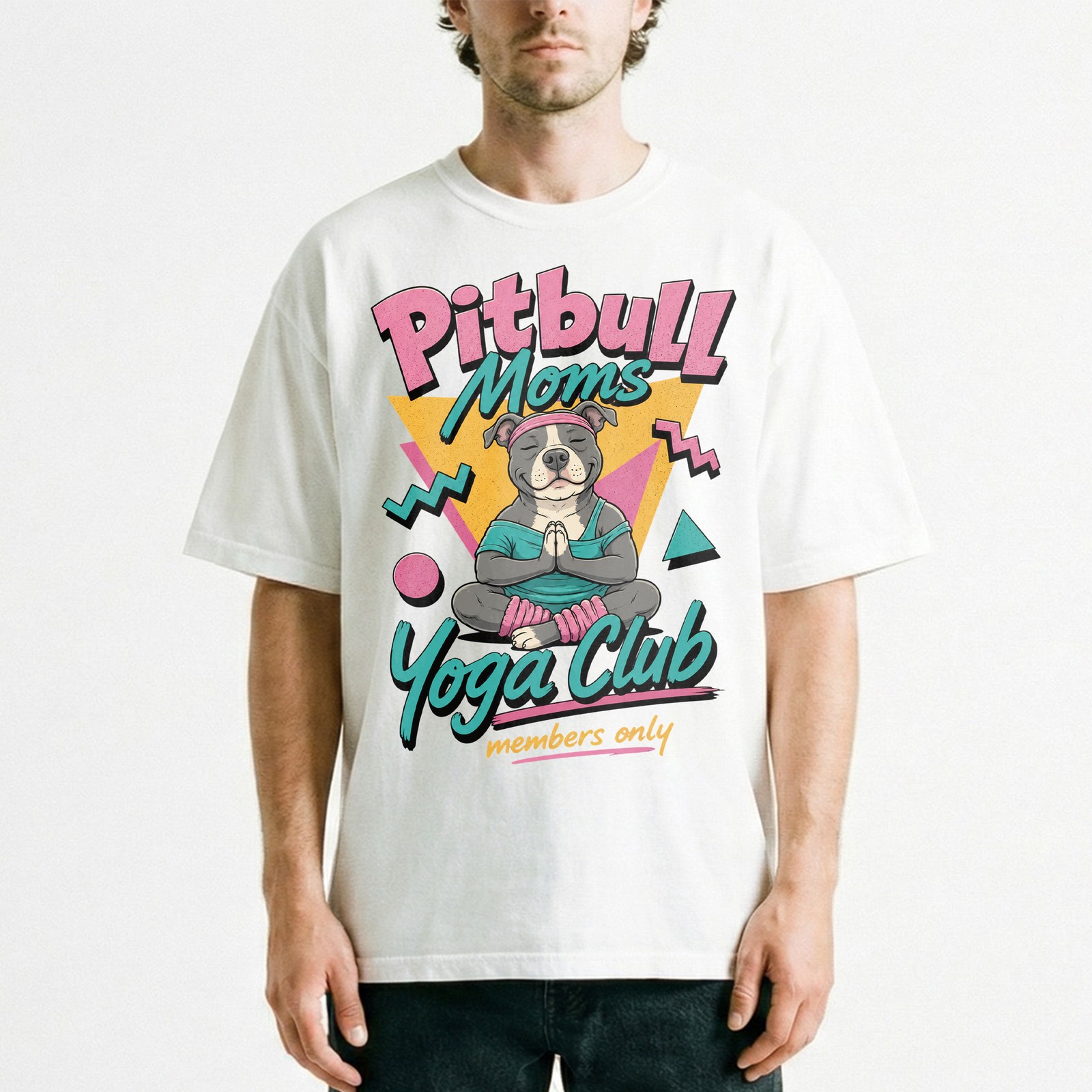 Pitbull Moms Yoga Club Geometric Retro Pink Lover T-Shirt Namaste Puppy Tee gallery