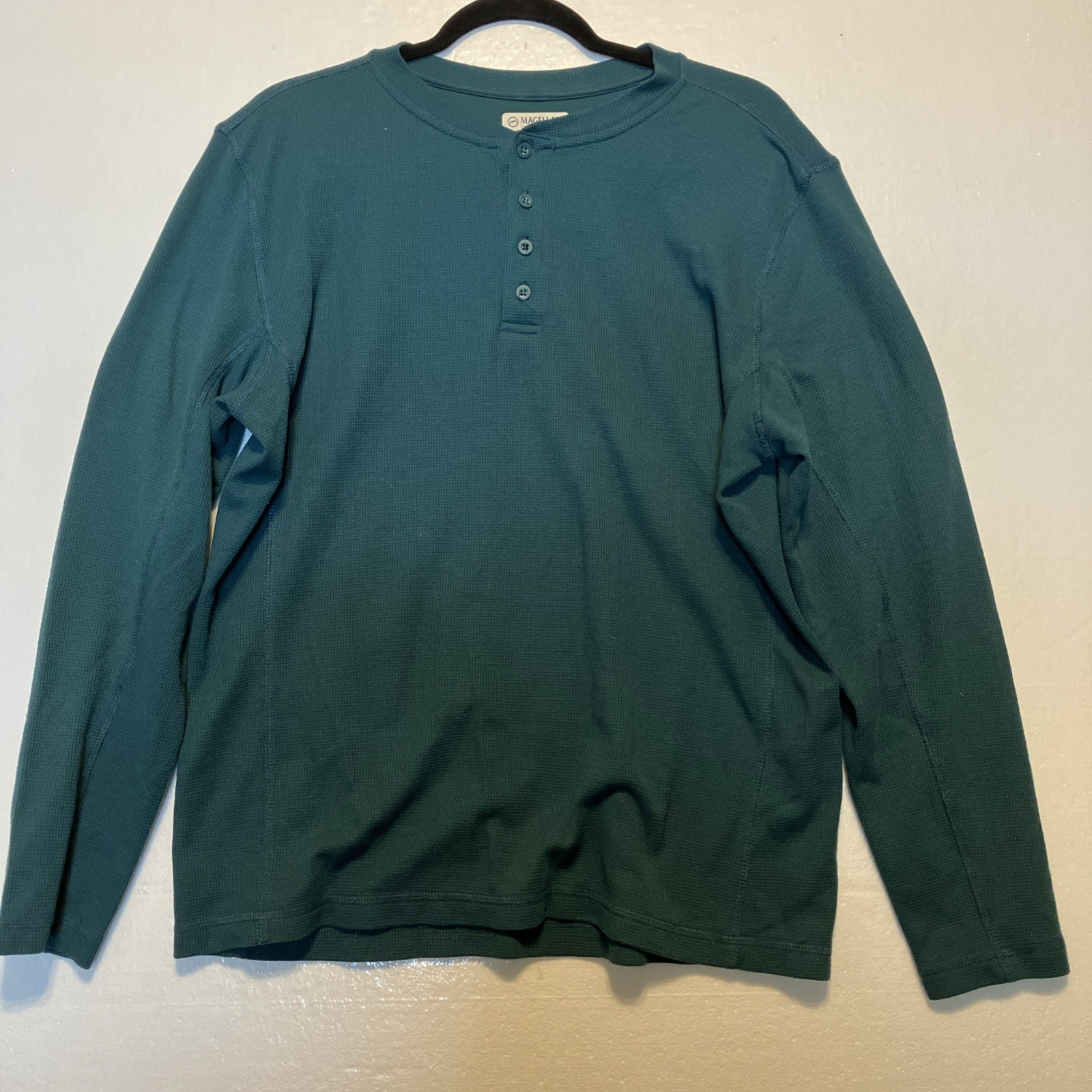 Magellan Mens Sz L Long Sleeve Shirt Green Waffle Knit Wicking Henley Classic gallery