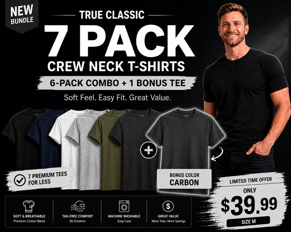 🔥 True Classic 7-Pack Crew Neck T-Shirts | Size M | + Bonus Carbon Tee
