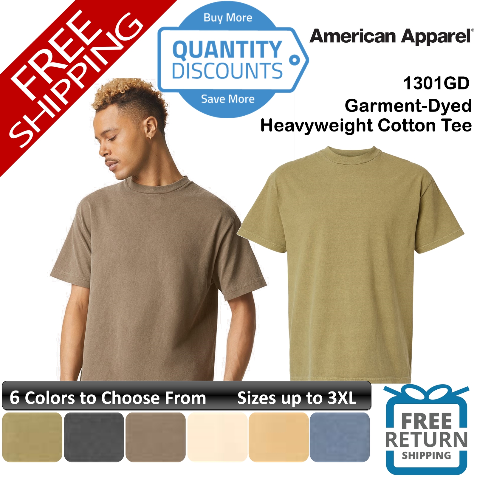 🔥 🔥 American Apparel Men Garment-dyed Heavy Cotton Tee Shirt Up To 3XL 1301gd
