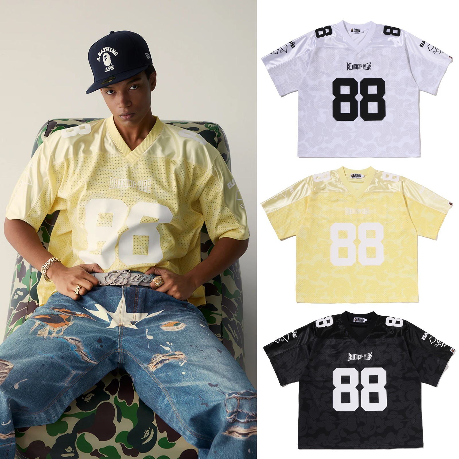 A BATHING APE Men's SOLID CAMO MULTI LOGO RELAXED FIT FOOTBALL JERSEY TEE rz gallery