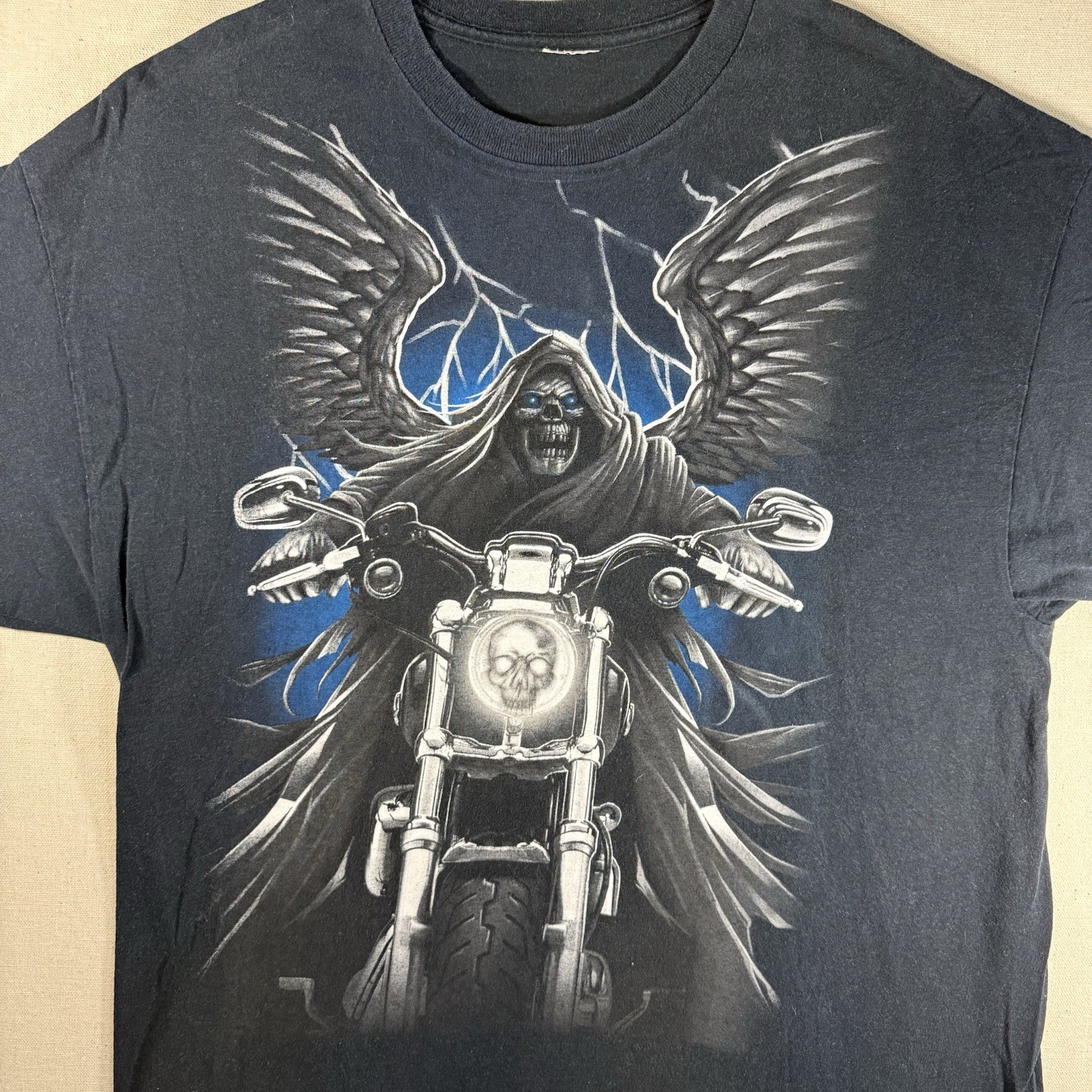 Vintage Grim Reaper Motorcycle Biker Skull L T Shirt Skeleton Goth Grunge 90s gallery