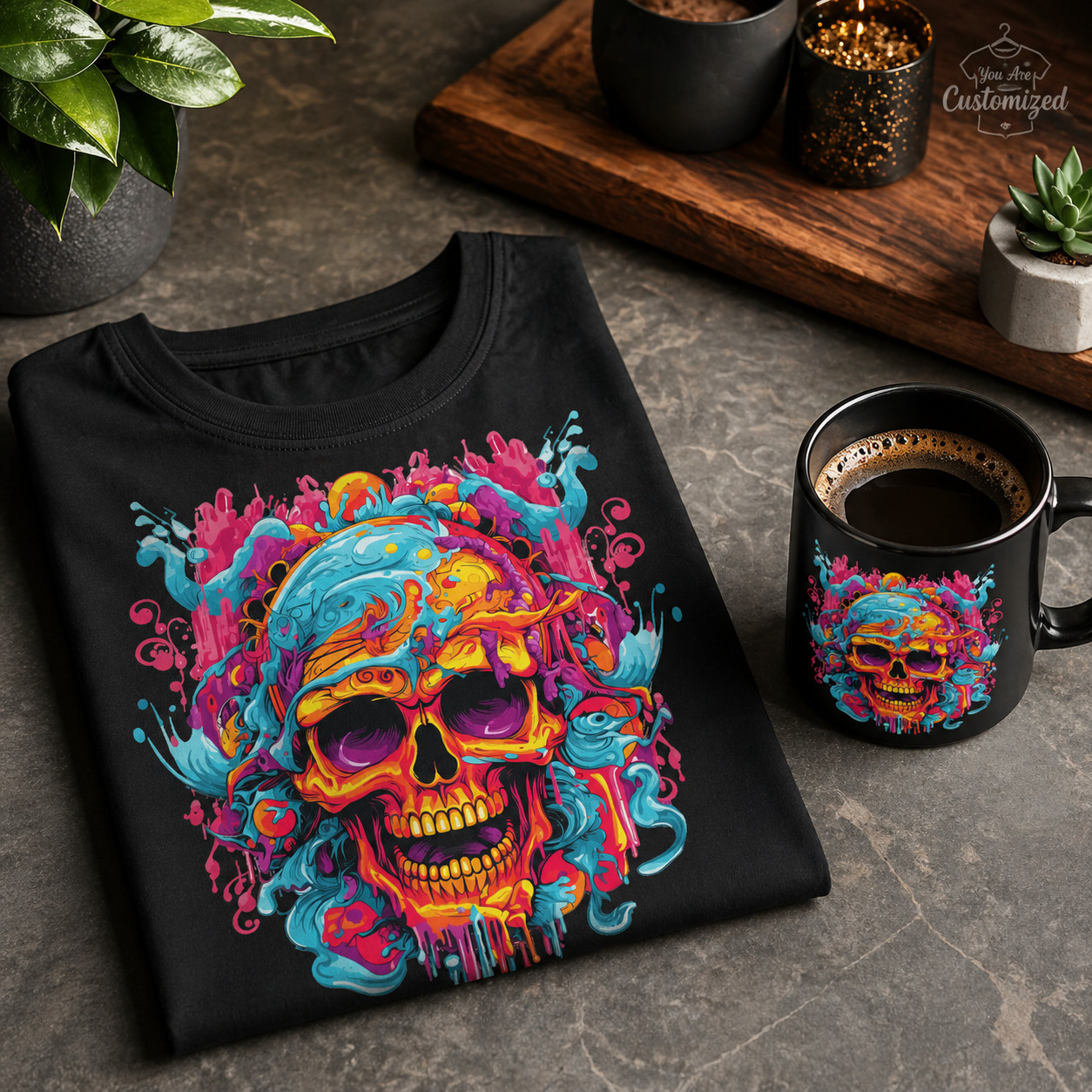 Colorful Skull Graphic T-Shirt Black or White Unisex Streetwear Art Tee gallery