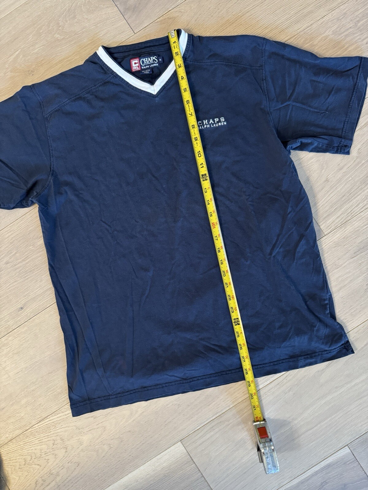 Chaps Ralph Lauren Vintage Embroidered Navy Tee With White V Collar - 90’s M gallery