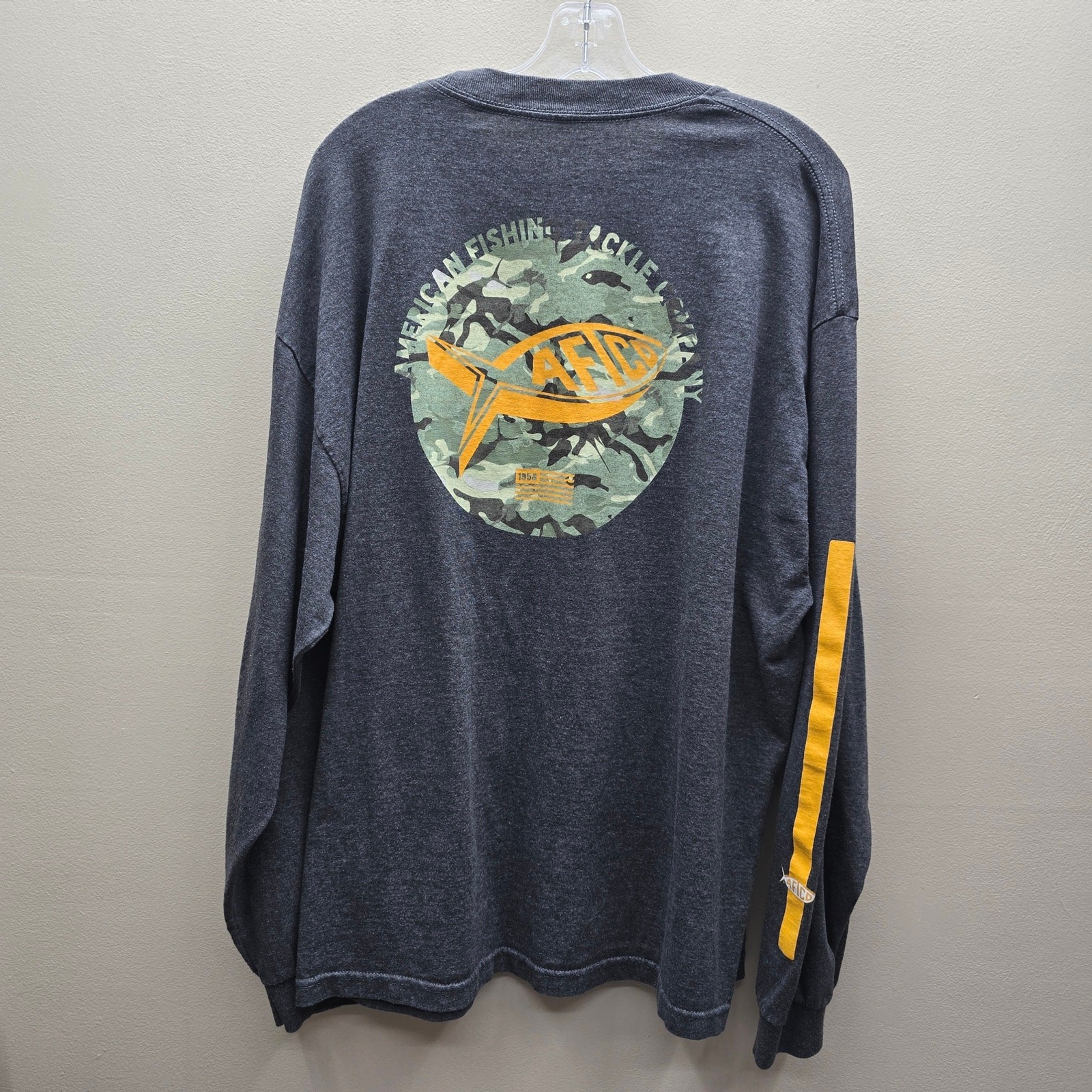 Aftco Mens Long Sleeve Fishing T-Shirt Graphic Logo Outdoor Hiking Gray SZ Large