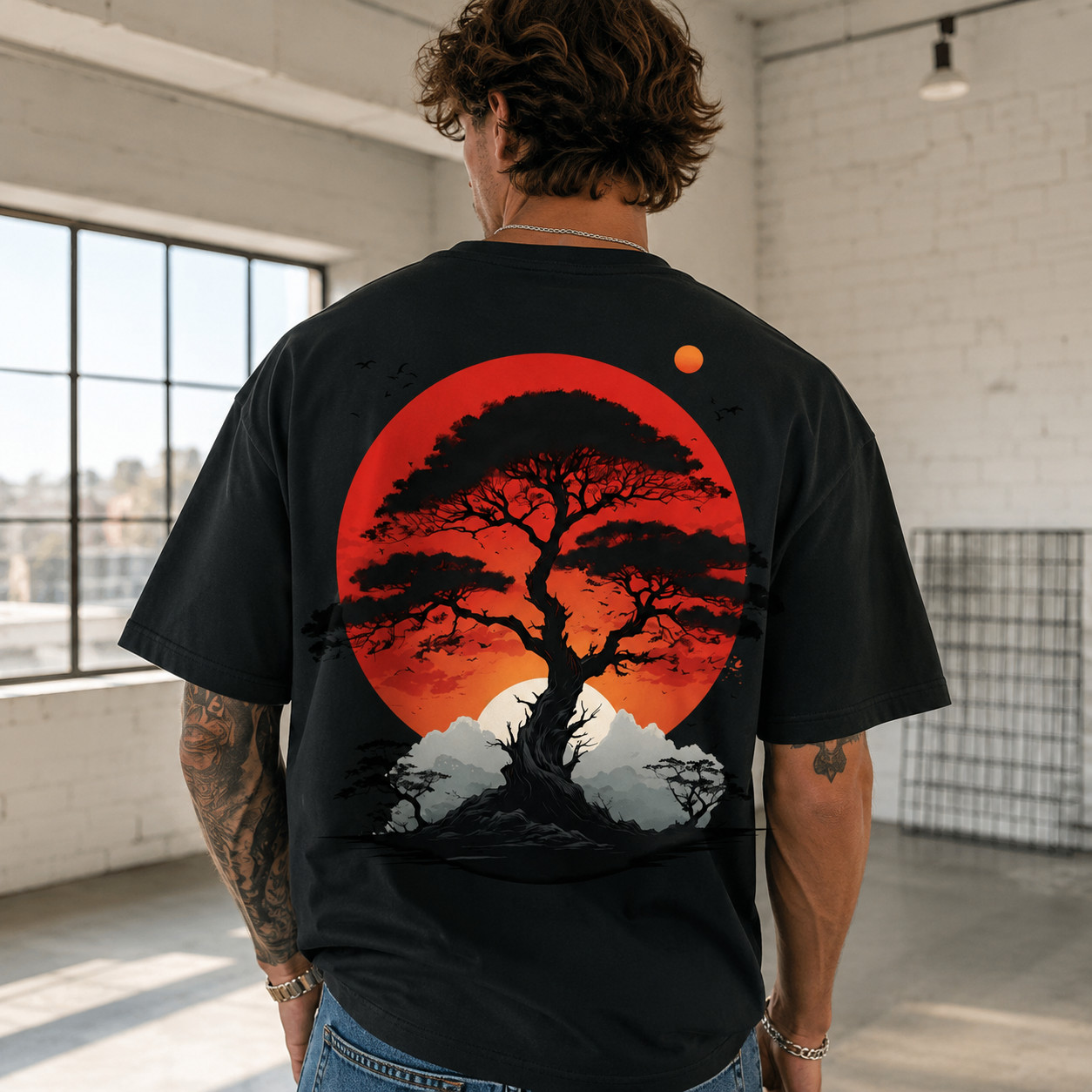 Japanese Landscape Art T Shirt Red Sun Pine Mountain Retro Graphic Casual Tee gallery