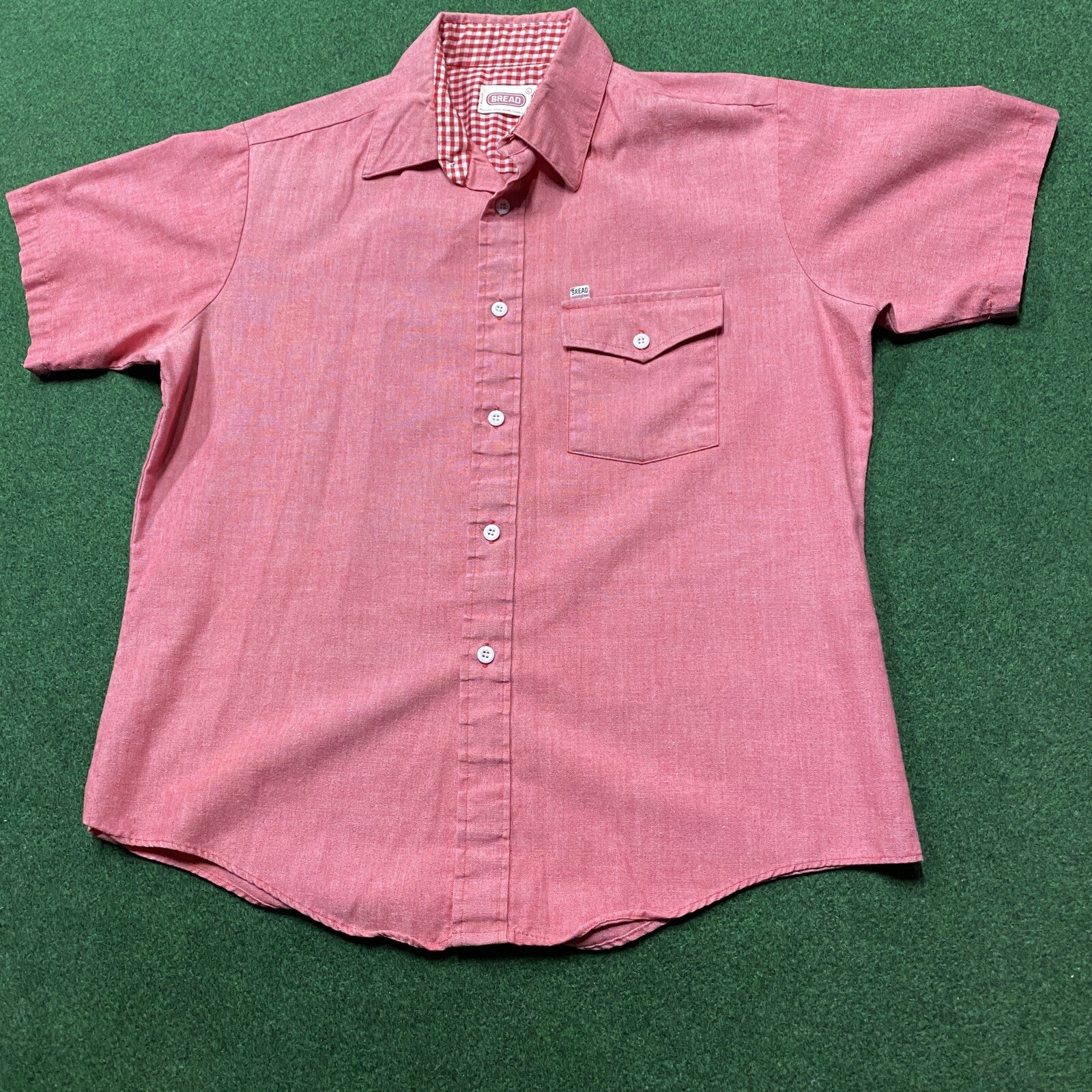 Vintage Bread Shirt Mens Large Pink 60S 70S USA MADE Button Up Pocket Tee gallery