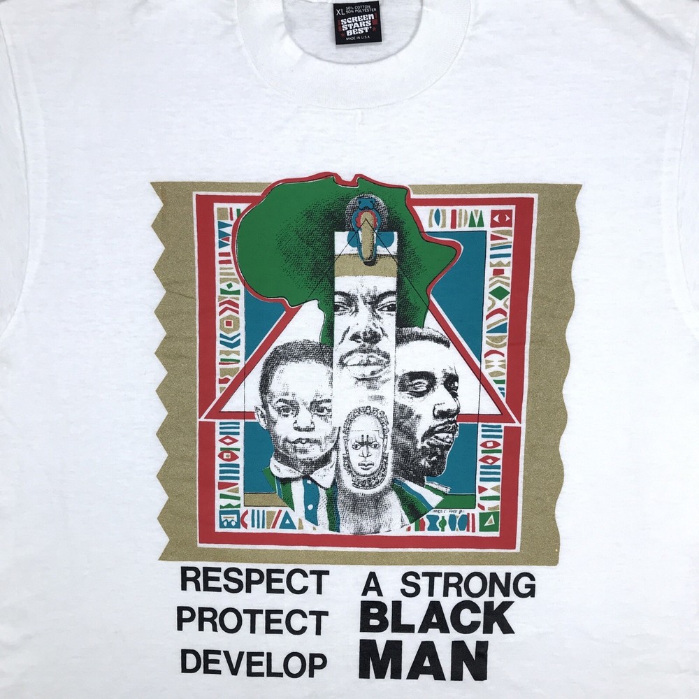 vtg 80s STRONG BLACK MAN RESPECT PROTECT T-Shirt L/XL single stitch hip hop