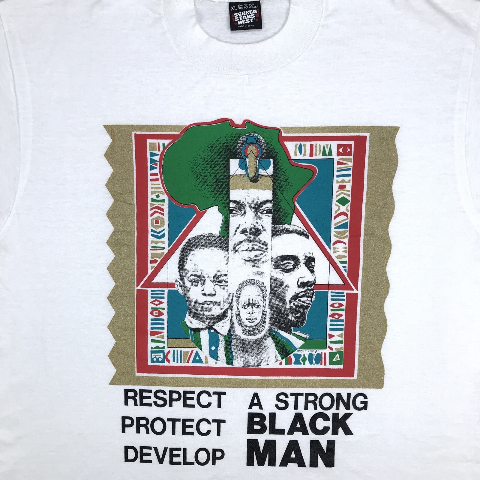vtg 80s STRONG BLACK MAN RESPECT PROTECT T-Shirt L/XL single stitch hip hop