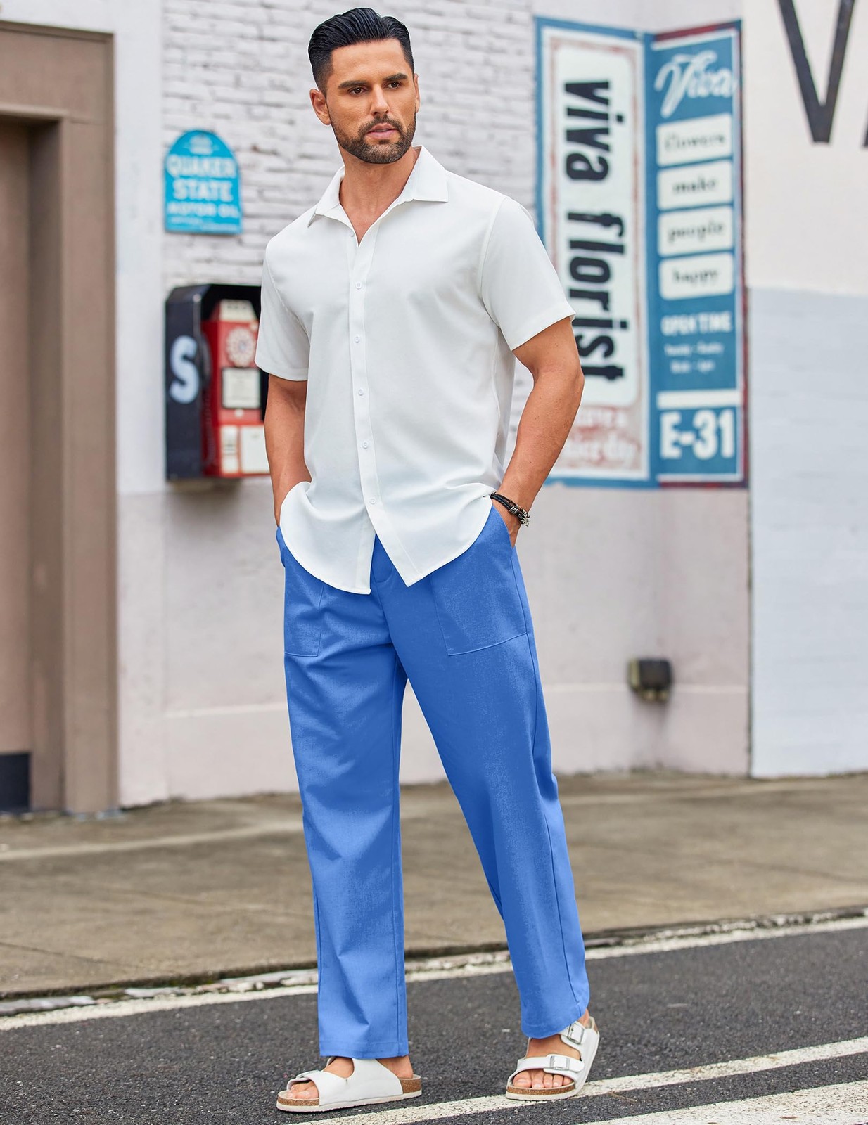Men's Casual Linen Cotton Pants Elastic Waist Summer Beach Trousers Lightweig... gallery