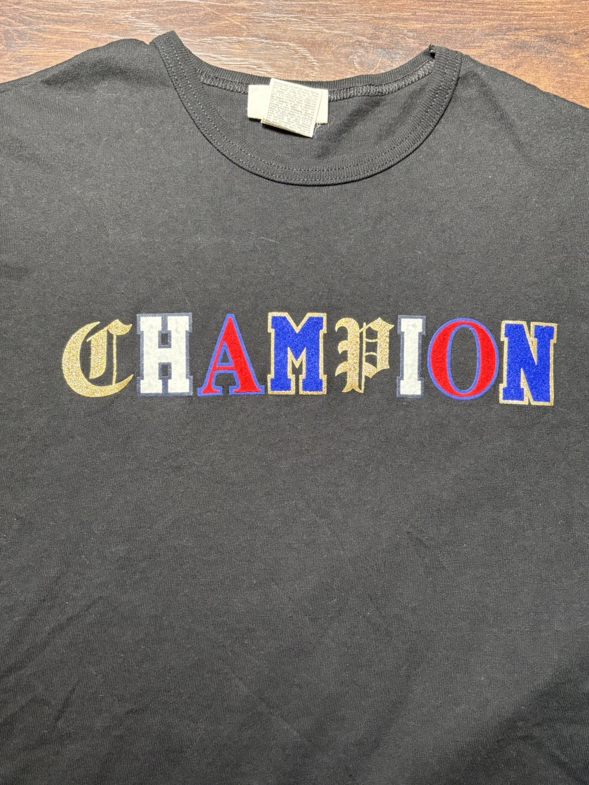 Champion Men's Large Black T-Shirt Multicolor Old English Spellout Vintage Logo gallery