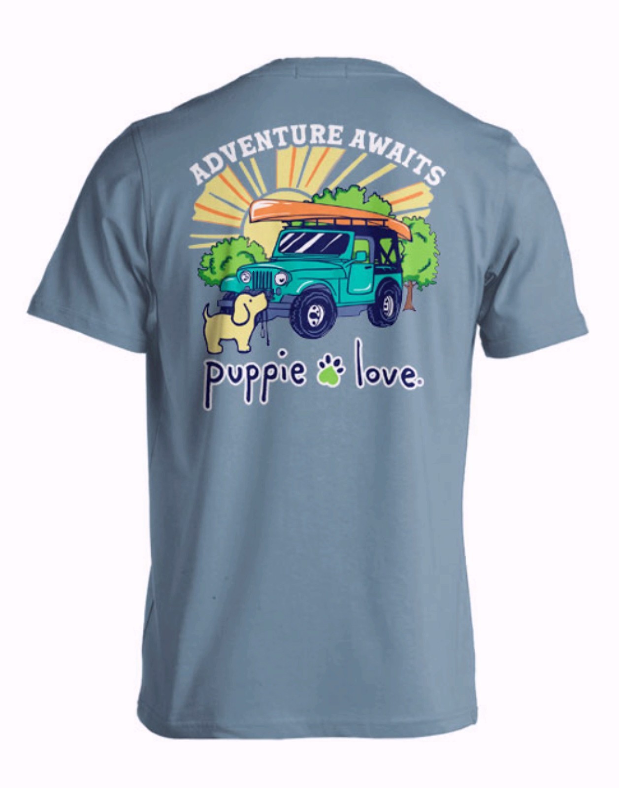 Puppie Love Dog Adventure Awaits Off-Road Camping Pup Short Sleeeve T-Shirt NEW