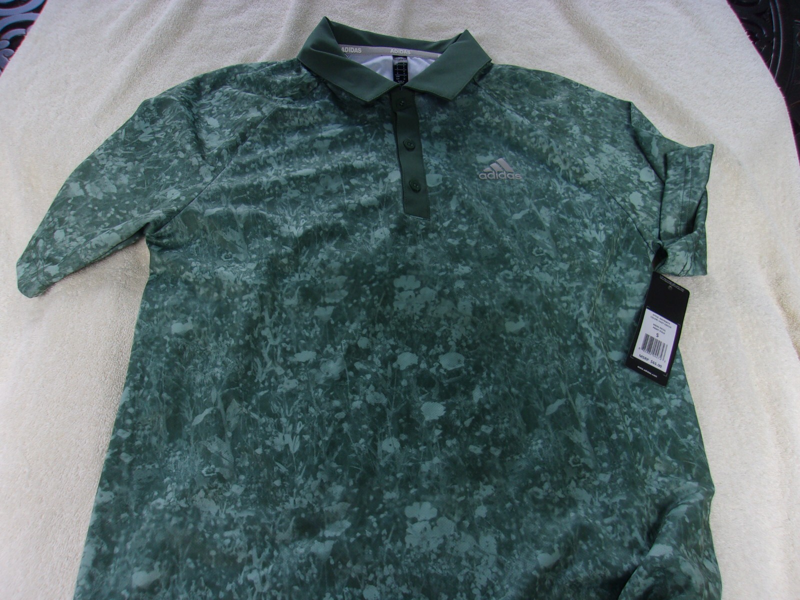 NWT Adidas polo, men's S, or L, camo green, polyester, pointed collar, $65 gallery