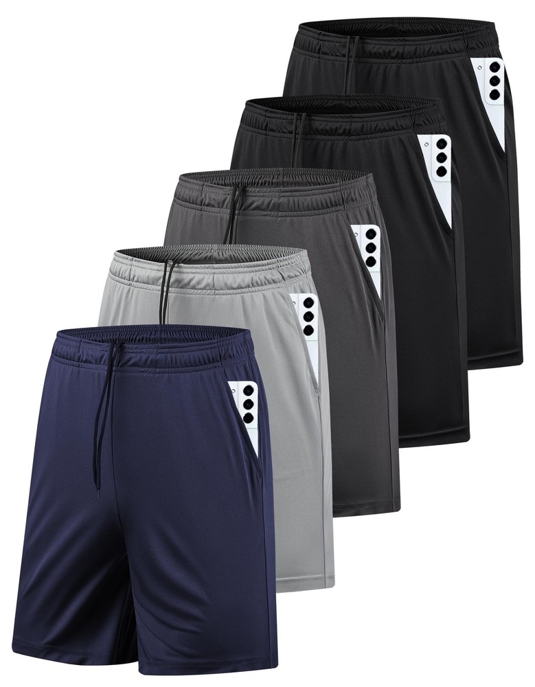 AKAWOOKO 5 Pack Men’s Athletic Gym Shorts with Pockets Quick Dry Large, Set 1