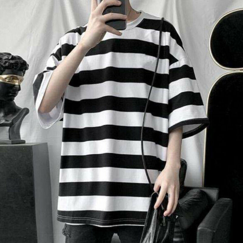 Men O Neck Short Sleeve Wide Striped T-Shirts Casual Loose Fit Blouse Tops Tee