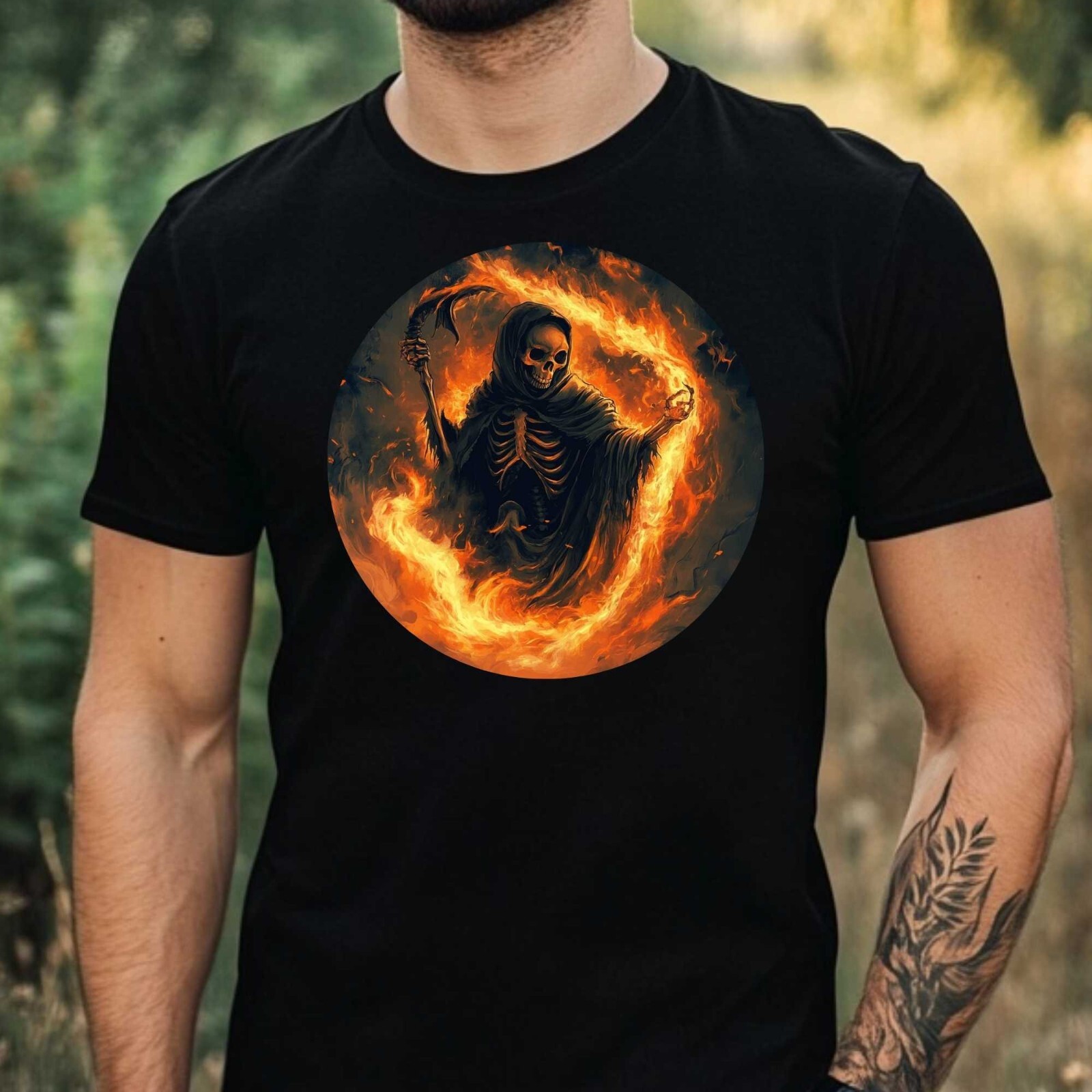 Mens Grim Reaper on Fire Motif Cotton T-Shirt Size XS to 5XL