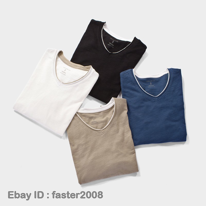 Hot Mens Long-Sleeved T-Shirts New Cotton V-Neck Solid Color Casual Slim Tops gallery