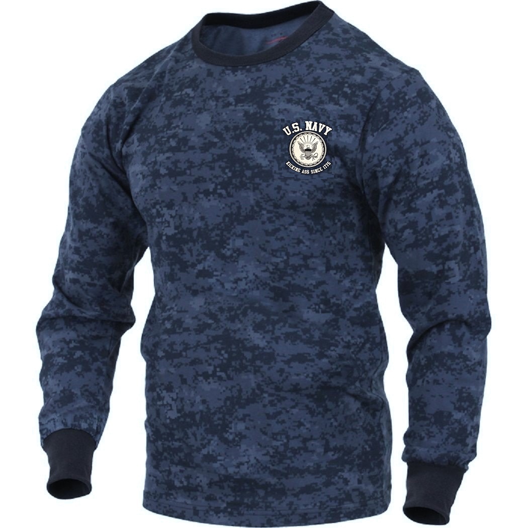 US Navy KICKING ASS Since 1775 Long Sleeve Blue Digital Camo T-Shirt USN Veteran
