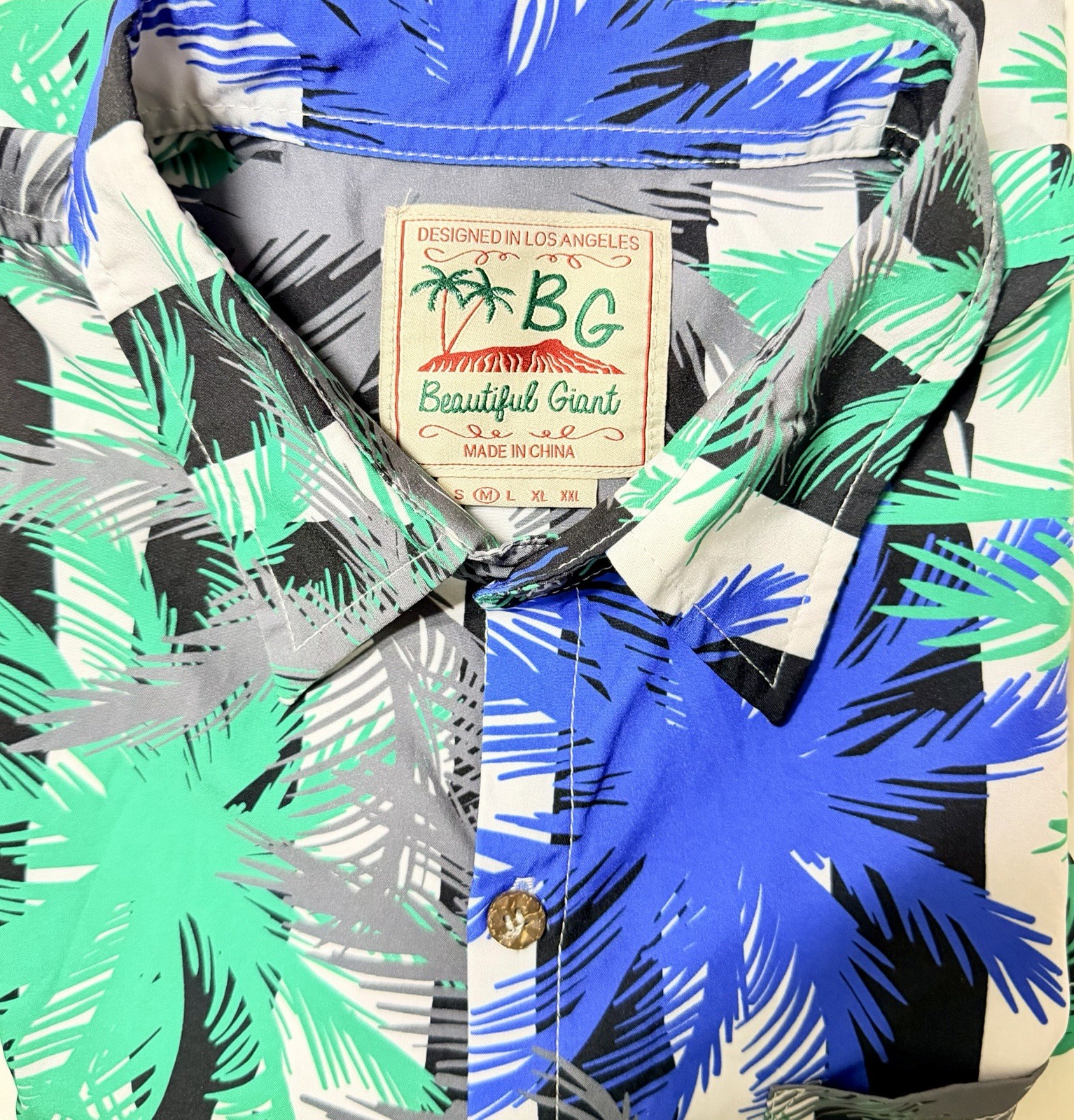Beautiful Giant Blue/Green Tropical On black/white Stripe Men’s Shirt M Hawaii