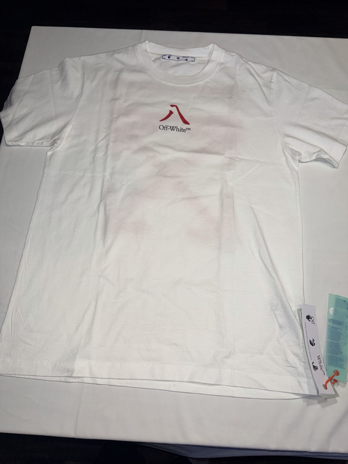 Off-White Men's White/Red Logo Graphic Print Crew Neck Short Sleeve T-Shirt L gallery