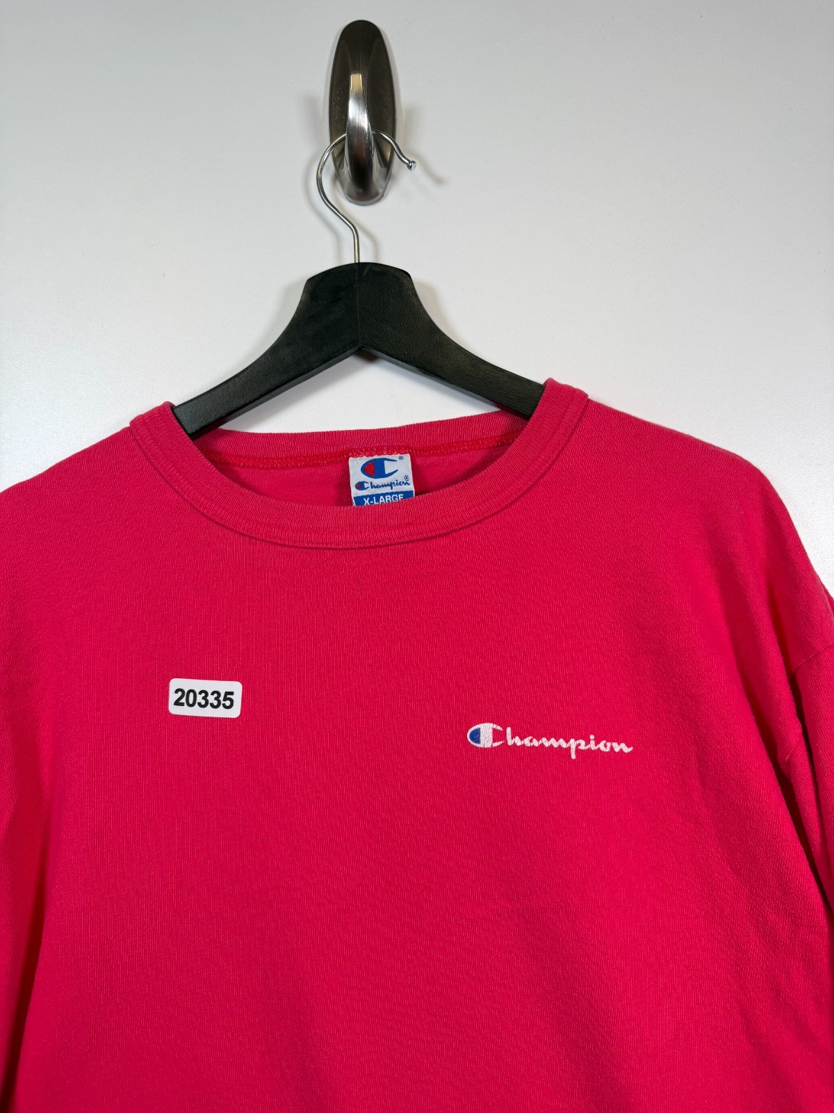 Vtg Champion Mens Crewneck Spellout Logo Statement T Shirt Red Pink Size XL gallery