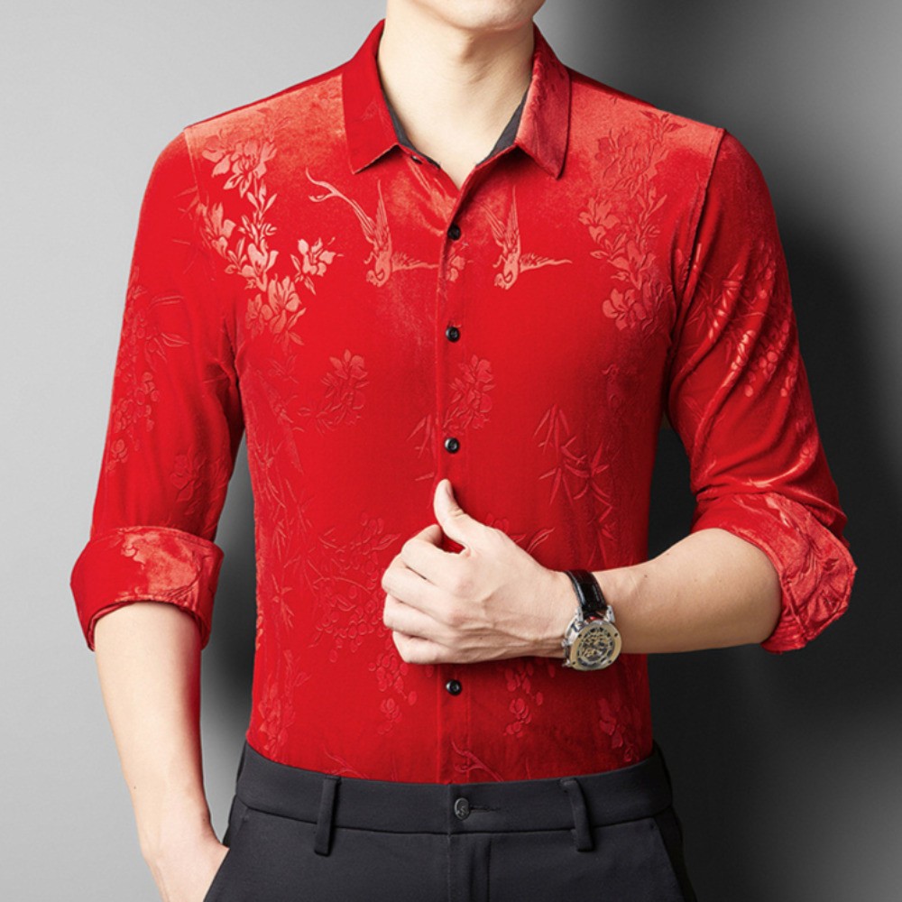 Men Velevt Blouse Shirts Tops Floral Printed Plush Casual Formal Cardigan M-3XL gallery