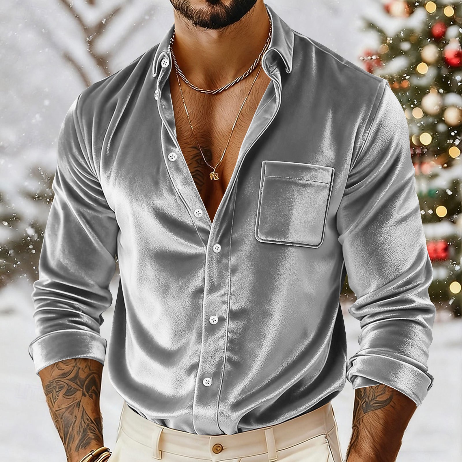Men's Velvet Shirt Casual Slim Shirts Long Sleeve Button Down Tops Blouse gallery