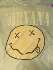 American Eagle Nirvana Smiley Face Band Tee in Sage Green