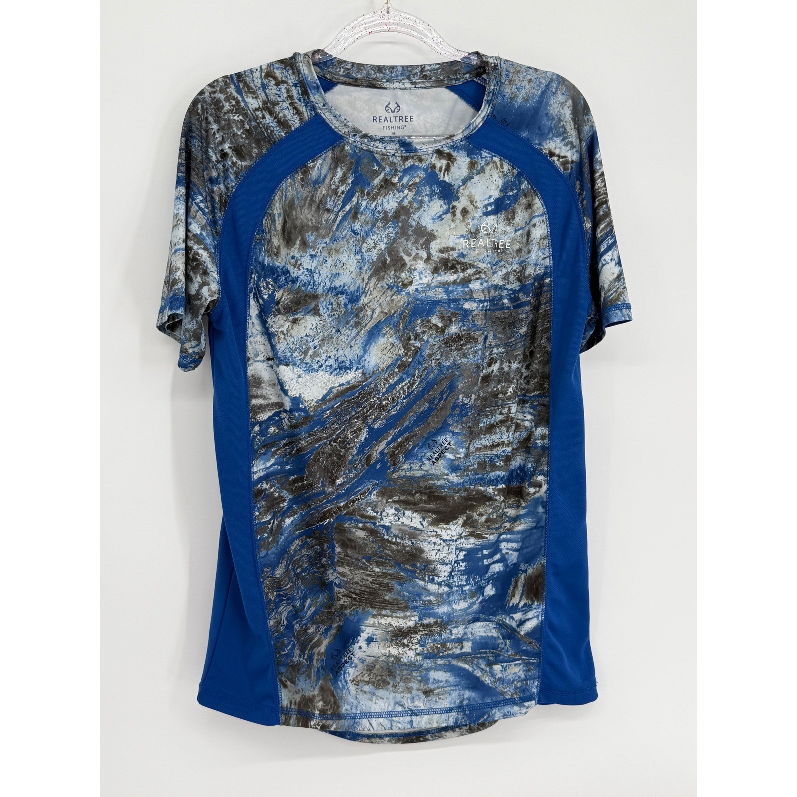 Realtree Fishing Mens Blue Abstract Camo Performance Mesh Side Shirt Sz M